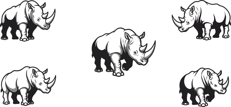 White and black rhinoceros animal silhouettes in simple illustration style for wildlife design and nature projects vector
