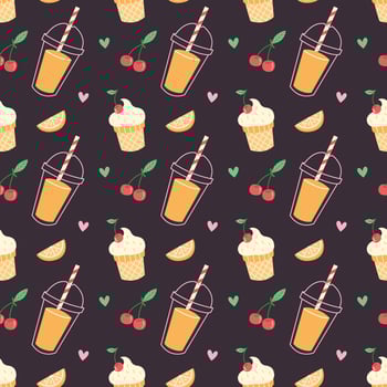 Cute Seamless Summer Pattern with Ice Cream, Juice and Fruits on Dark Background vector