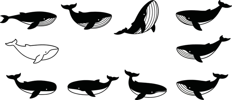 Whale silhouette set with various positions and swimming poses in black and white illustration vector