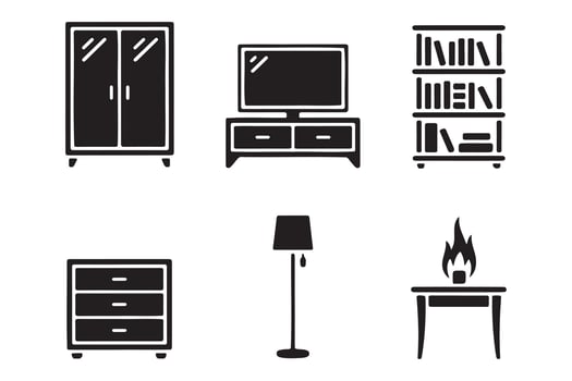 Simple Black and White Icons of Home Furniture and Accessories vector
