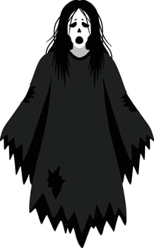 Ghost in black tattered cloak with haunting white mask and long black hair spooky illustration for Halloween or horror theme vector