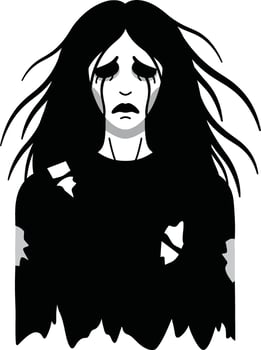 Sad woman with torn clothes and tear-streaked face in black and white illustration vector