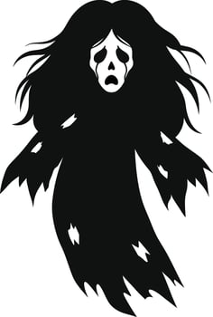 Ghost silhouette with flowing hair and sad face in spooky Halloween style illustration vector