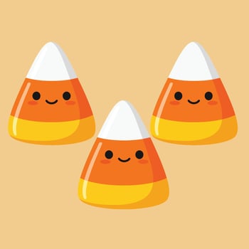 Candy corn cute cartoon illustration with happy faces in orange yellow and white colors vector