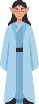 Elf character in traditional blue robe standing with closed eyes peaceful fantasy figure illustration vector