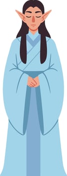 Elf character in traditional blue robe standing with closed eyes and calm expression fantasy illustration vector