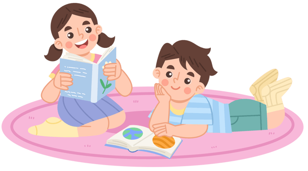 Illustration of children reading together on a pink rug png