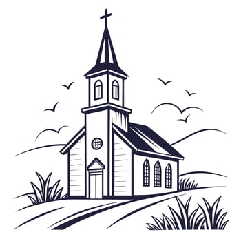 Serene Country Church Illustration Black and White Drawing vector