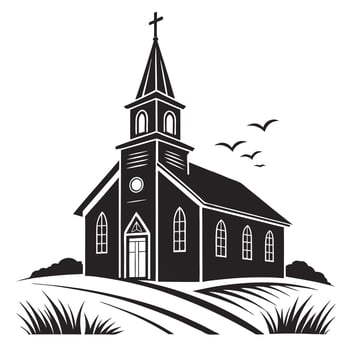 Simple Black and White Illustration of a Church in a Rural Setting vector