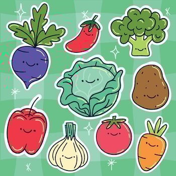 Doodle style illustration of vegetables with kawaii expressions. Adorable and tender design. vector