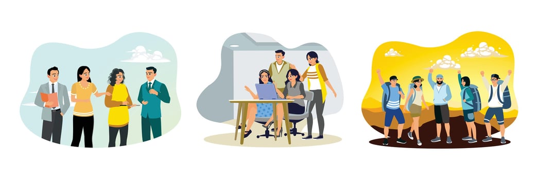 A group of young men and women chat together indoors in front of a laptop. vector