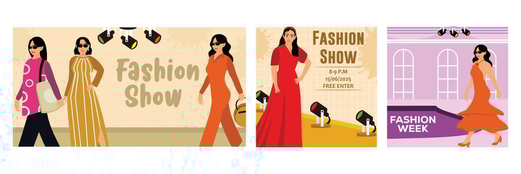 Fashion show poster with female models on the catwalk and event details. vector