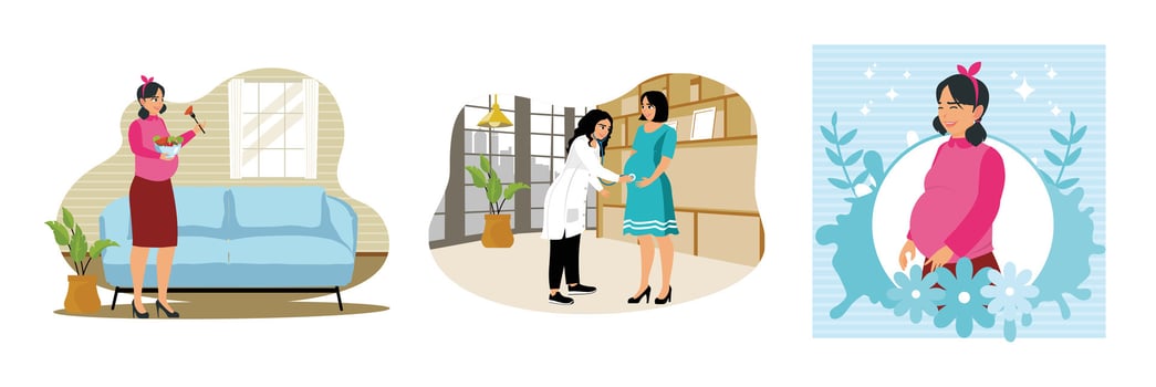 A pregnant woman enjoys fruit,checks the health of her pregnancy, and awaits the birth of her baby. vector