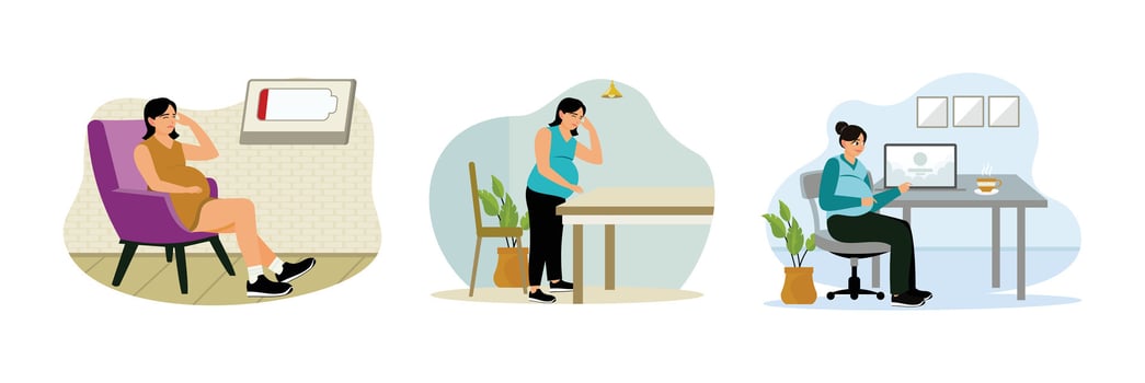 A pregnant woman who is tired, unwell, and working on a laptop at home. vector