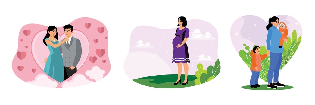 Newly married couples, pregnant women and a mother with her children in a happy atmosphere. vector