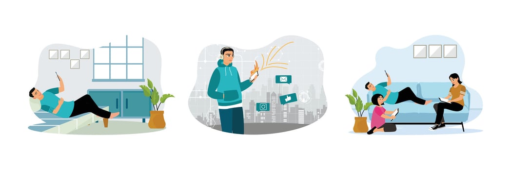 Young people spend time at home, surfing the internet, and playing with smartphones. vector