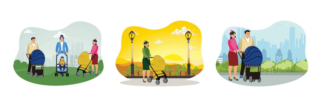 Young parents with baby walking in stroller in city park. vector