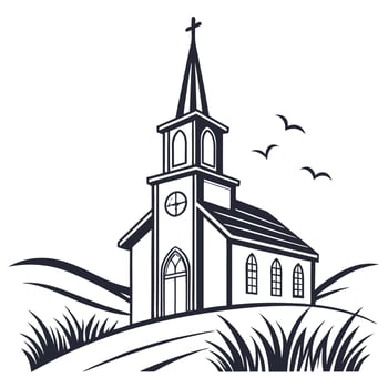 Serene church silhouette on a hill with birds flying above vector