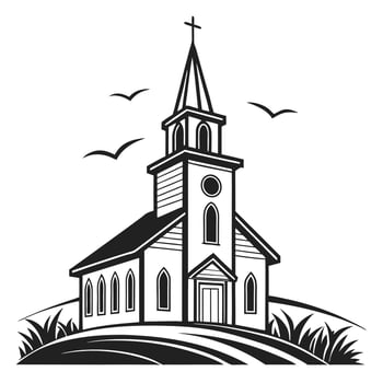 Church building on hilltop silhouette with birds flying around illustration vector