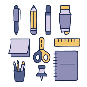 Stationery items including pen pencil marker glue ruler scissors sticky note notebook and push vector