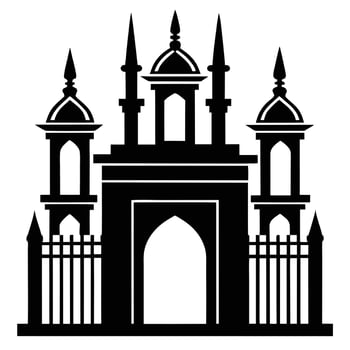 Black silhouette illustration of a fantasy castle with turrets and gates vector