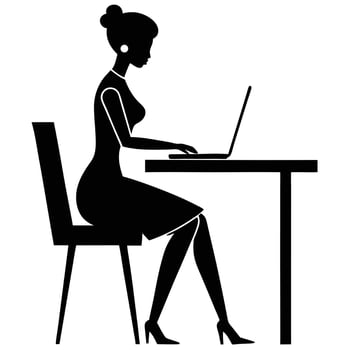 Silhouette of elegant woman working at desk with laptop computer vector