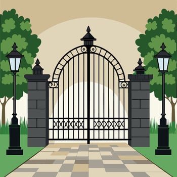 Ornate gate illustration with trees and lamp posts vector
