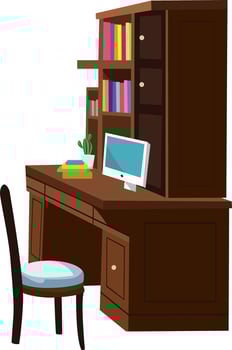 Study Room Table With Desktop Books And Chair Furniture Side View vector