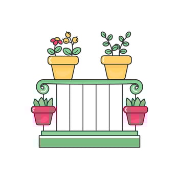 Doodle icon balcony with flowers. Simple line clip art in color. Stock image isolated on white background. vector