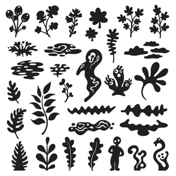 Groovy Funky element set bundle silhouette including cartoon icons, pop art swirls, hand signs, stars, and vintage abstract shapes vector