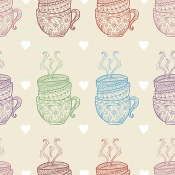 Seamless pattern with coffee cups and hearts. vector