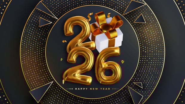 Happy New Year 2026, Realistic 3D rendering of the figures, complemented by gold gift box ribbons vector