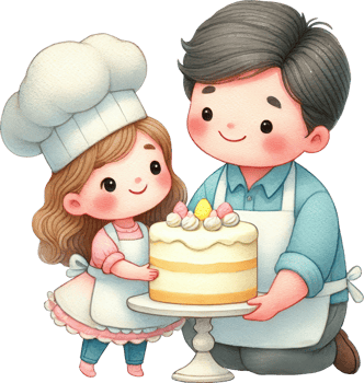 Baker dad and daughter baking and enjoying a celebratory cake together png
