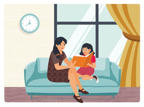 Mother Reading to Daughter on Sofa in Comfortable Living Room Setting. vector