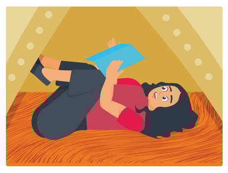 Young Woman Enjoying Book While Lying in Play Tent at Home. vector