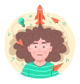 Active Kid Boy with Afro Hair Thinking Creative Idea with Rocket, Paper Plane and Thinking Bulb for Contemplation and Education Concept Illustration vector