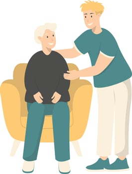 Volunteers Character with Old People. Isolated Cartoon Illustration. vector