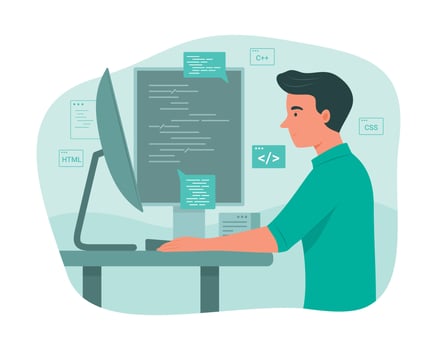 Programmer Man Process Coding with Desktop PC Computer for Software Development Concept Illustration vector