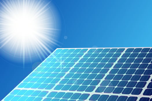 Solar panel absorbing sunlight on clear sky background vector