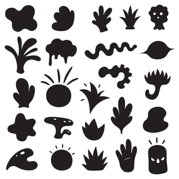 Groovy funky element tree, animal cartoon, flower and other element silhouette bundle with happy nature icons vector