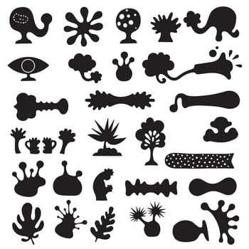 Groovy funky element tree, animal cartoon, flower and other element silhouette bundle with textured outlines vector
