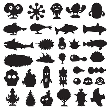 Groovy funky element tree, animal cartoon, flower and other element silhouette bundle with simple line details vector