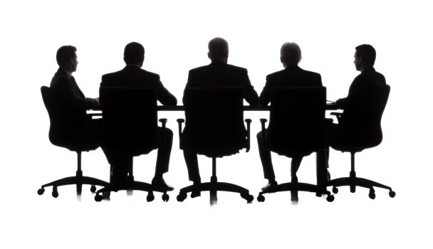 Silhouetted business meeting with five adult men seated at table png