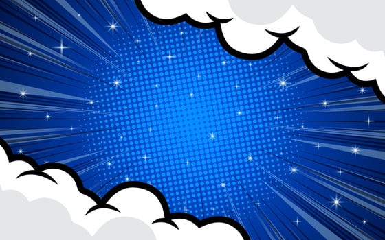 Pop art comic background with clouds and stars. Cartoon vector
