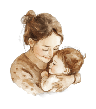 Caucasian female adult embracing child with affectionate smile in watercolor style png