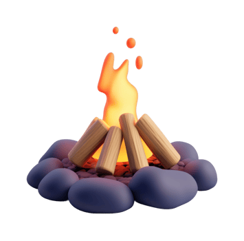 Glowing campfire with flames and logs on stone circle background png