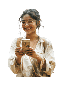 Smiling young asian female with glasses holding smartphone png
