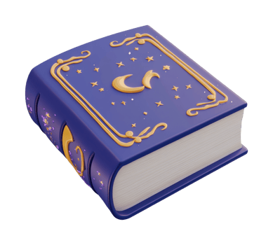 Mystical blue book with crescent moon and gold star accents png