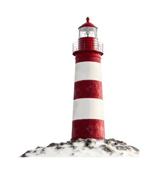 Red and white striped lighthouse on rocky shoreline png