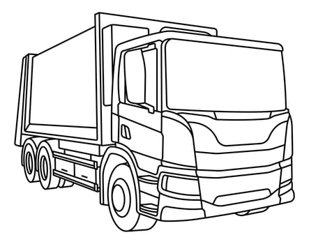 Children linear drawing for coloring book. Heavy construction equipment truck, garbage truck in linear. Industrial machinery and equipment. Isolated on white vector